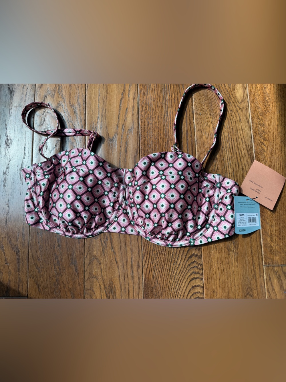 Target Pink Bandeau Swim Top with Green and White Accents